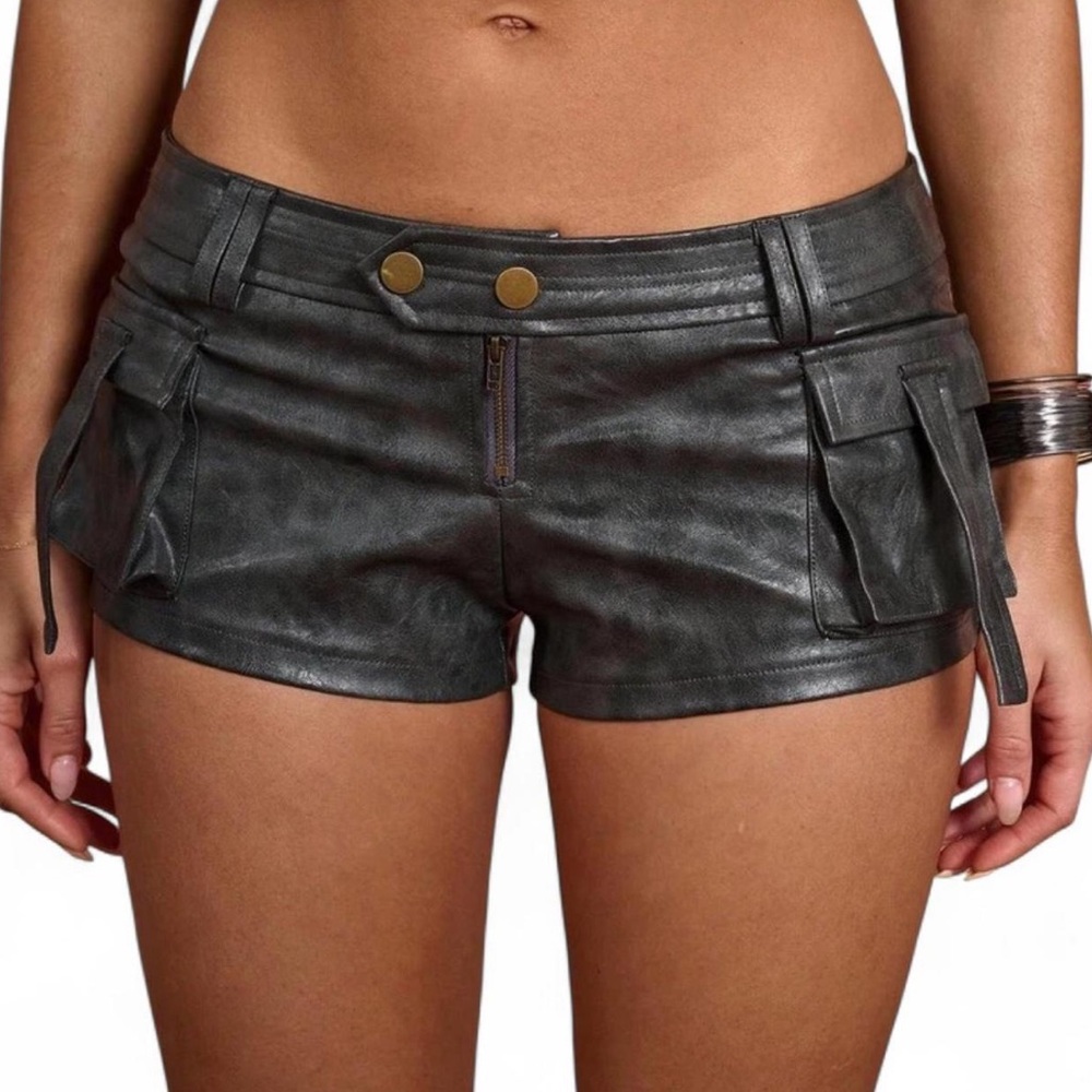 SHEIN Black Faux Leather Cargo Shorts